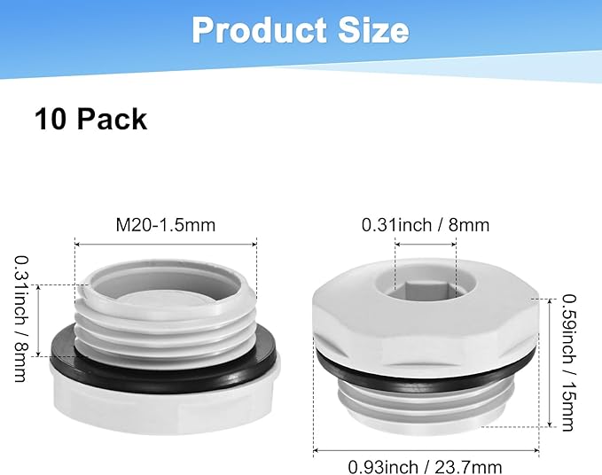10-Pack Inner Hex Head Pipe Plug End Cap, M20x1.5mm Nylon Garden Hose Stopper Connector Plug with Sealing Ring for Terminating Pipe Ends [White]