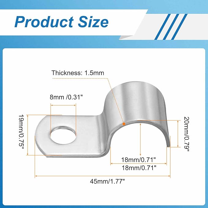 HARFINGTON 11/16 Inch Pipe Strap, 304 Stainless Steel Conduit Clip 10Pcs Single Hole Strap Clamp for Pipe Tube Cable Fixing (18mm, Silver)