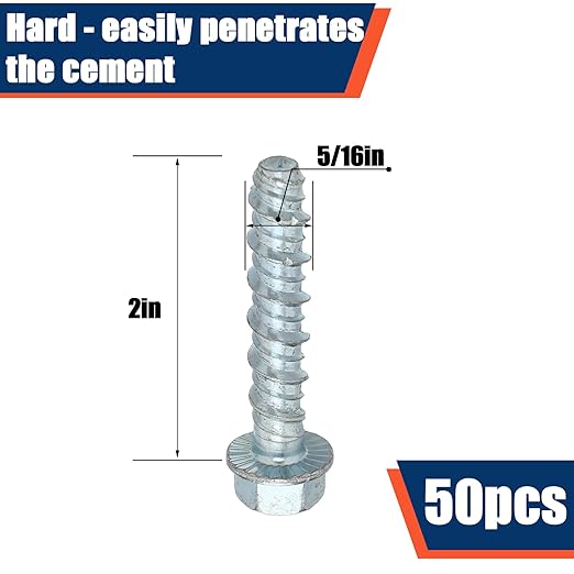 Tandefio 50 Pack 5/16" x 2" Concrete Screw Anchor Galvanized Large Diameter Heavy Duty Plated Concrete Anchors for Masonry Brick Anchoring Block Decking Framing Hex Drive