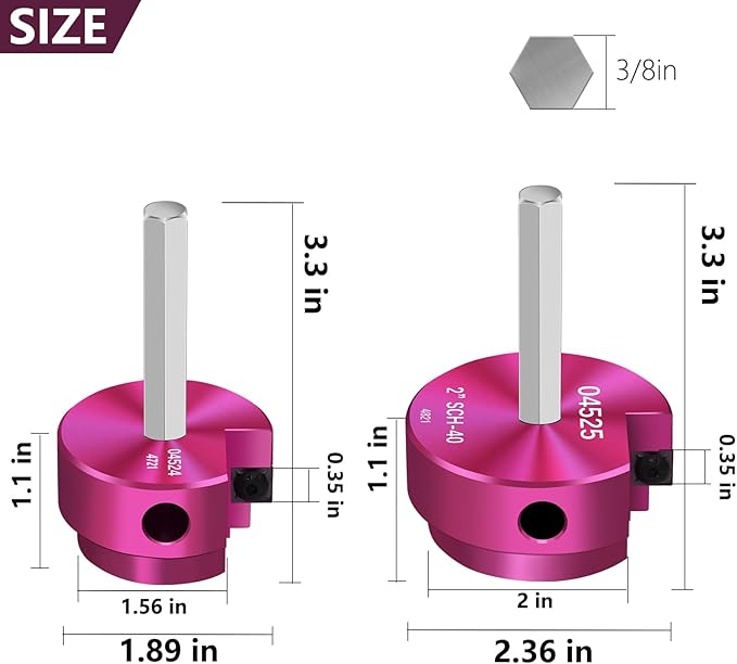 PVC Fitting Saver 1-1/2 & 2 Inch Head, PVC Pipe Reamer Socket Saver with 3/8-Inch Hex Shaft, Plastic Pipe Fitting Reamer for Plumbing Sch.40 CPVC ABS Socket Hub Removing,Fit 1/2" Drills