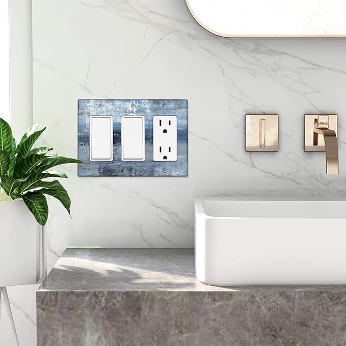 Blue Grey 3-Gang Rocker Light Switch Cover Abstract Art Decorative Wall Plate Cover Modern Electrical Outlet Covers
