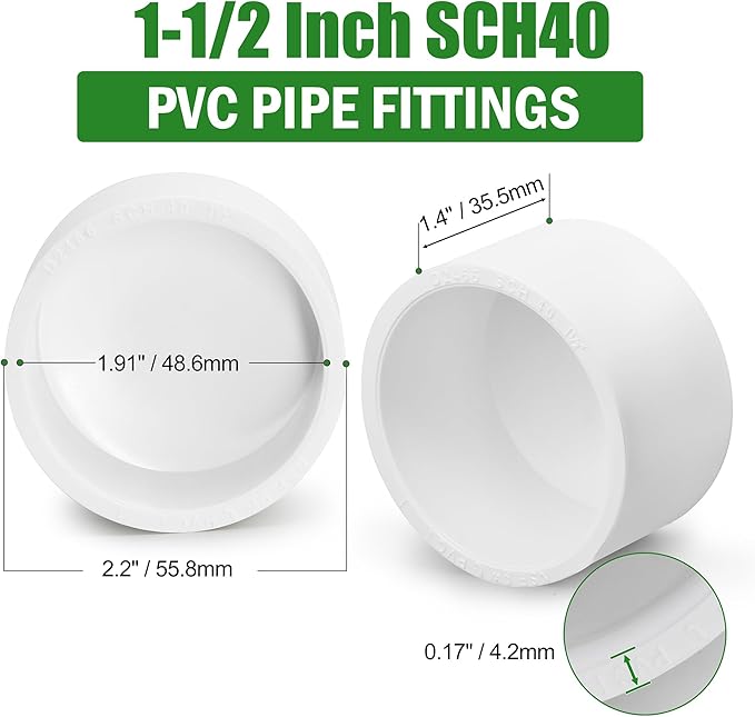 SCH40 PVC Cap 1-1/2 Inch - Fit Standard 1-1/2" SCH40 PVC Pipes (OD Approx. 1.9"), Zernmiarder Furniture Grade Pipe Caps, White Pipe Cover Fittings for Plumbing, DIY, Garden & Furniture - 12 Pcs