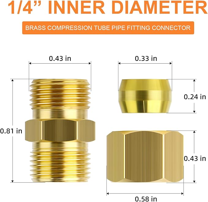 GASHER 20PCS Brass Compression Tube Pipe Fitting Connector, 1/4" Tube OD x 1/4" Tube OD Connector