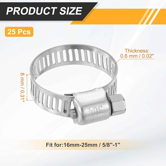 HARFINGTON 25 Pcs Hose Clamp 5/8"-1" (16-25mm) 304 Stainless Steel Adjustable Worm Gear Hose Clamp with Phillips Screw Assortment Kit for Fuel Line Pipe Plumbing Automotive Tube