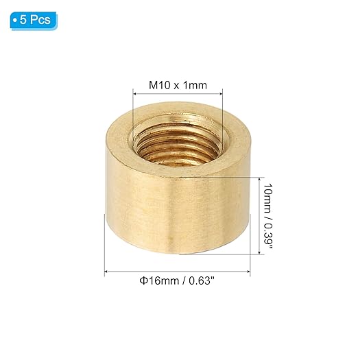 PATIKIL Lamp Pipe Brass Coupling Nut, 5 Pcs 10mm Long M10 Fine Round Thread Sleeve Lamp Pipe Adaptor Rod Connector Hardware for Light Fixture Assembly or Repair, 16mm OD.