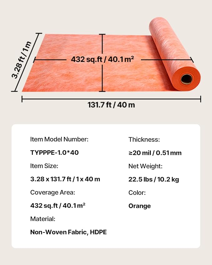 VEVOR Waterproof Membrane for Shower, 3.3 x 131.7 ft 432 sq.ft Waterproofing Tile Membrane, 20 mil Thickness Polyethylene Fabric Roll, Easy to Cut for Bathroom, Kitchen, Sauna, Walls, Underlayment