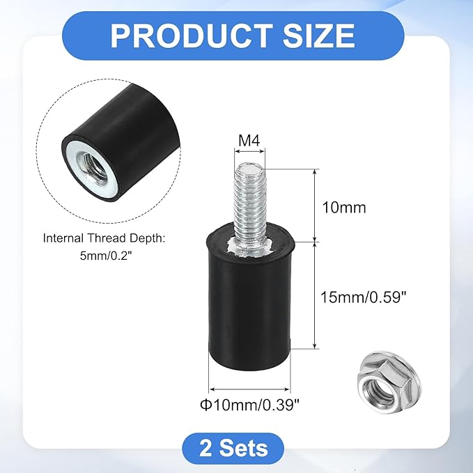 uxcell M4 Rubber Mounts, 2Pcs 10x15mm(DxH) Rubber Cylindrical Anti Vibration Isolator Shock Absorber with Lock Nut for Car Bobbin Generator Air Compressors