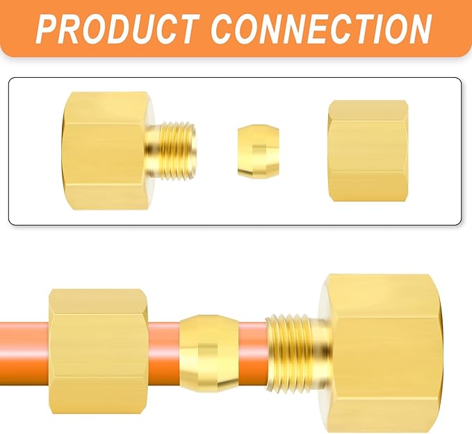 GASHER 10PCS Brass Compression Union Tube Pipe Fitting Connector, 1/4" Tube OD x 3/8" NPT Female Connector