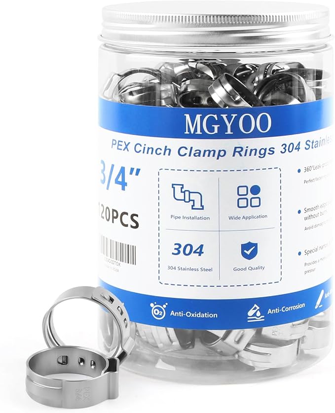 3/4 Inch PEX Clamps 120pcs Crimp Rings Single Ear Hose Clamps Stainless Steel Fittings Cinch Clamp Ring for Pipe Tubing