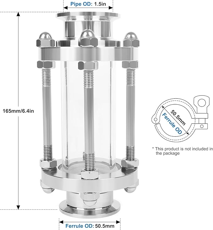 In-Line Sight Glass 1.5" Tri Clamp Flow Sanitary Straight Sight Glass Flow Pipe OD 38mm Stainless Steel Tri Clamp Type