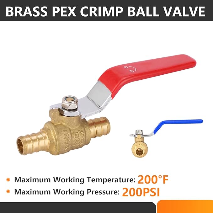 HeSun 2-PCs 1/2 Inch PEX Ball Valves, 1/4 Turn Full Port Shut-off Valve, Brass Crimp Pex Valve for Hot and Cold Water, ASTM F1807,Blue & Red