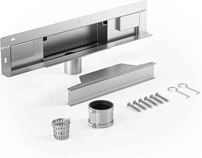 Linear Wall Drain 18’’, 304 Stainless Steel Side Drain w/Tiled Grate & Hair Strainer, Brushed Tiled Shower Drain for Bathroom, CUPC Certified