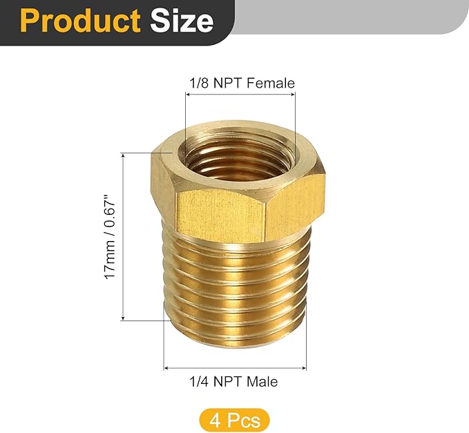 uxcell 4Pcs 1/4 NPT Male x 1/8 NPT Female Brass Reducer Hex Bushing Threaded Pipe Fitting, Brass Threaded Pipe Fitting Adapter for Water, Gas, Oil Pipeline Systems