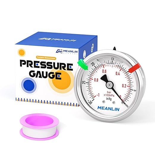 MEANLIN MEASURE -30inHG~0Psi Vacuum Pressure Gauge 1/8" NPT 2.5" FACE DIAL, Stainless Steel Liquid Filled Pressure Gauge WOG Water Oil Air Center Back Mount (with 2PCS Snaps)