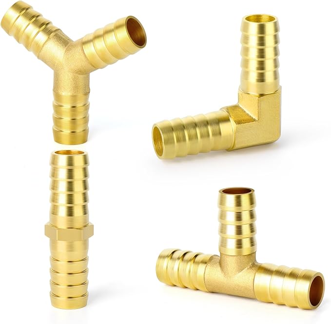 GASHER 20 Pieces 3/8 Inch Brass Hose Barb Set, 90 Degree L Right Angle Elbow, Y-Shape Air Hose Barb, Tee Hose Barb, Fuel/AIR/Water/Oil/Gas/WOG
