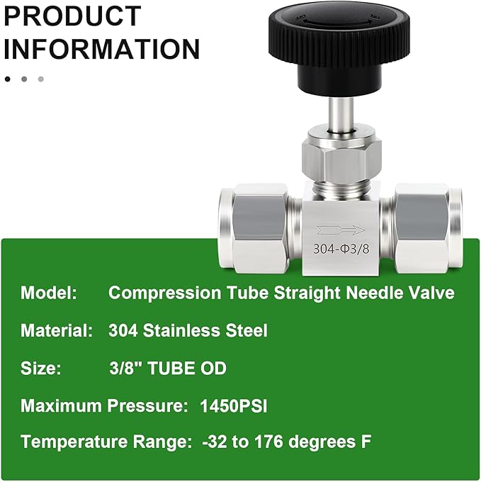 TAISHER 1PCS 304 Stainless Steel Compression Tube Square Straight Needle Valve 3/8" Tube OD x 3/8" Tube OD For Flow Control Water Gas Oil