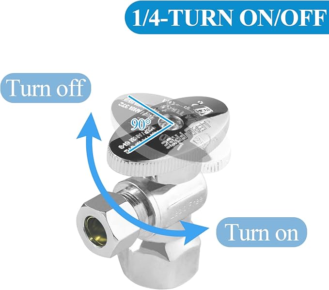 WiseWater Angle Stop Valve 1/2" FNPT x 3/8" Compression, Quarter Turn Chrome Plated Brass Toilet Shut Off Valve for Bathroom & Sink Supply Lines (5-Pack)