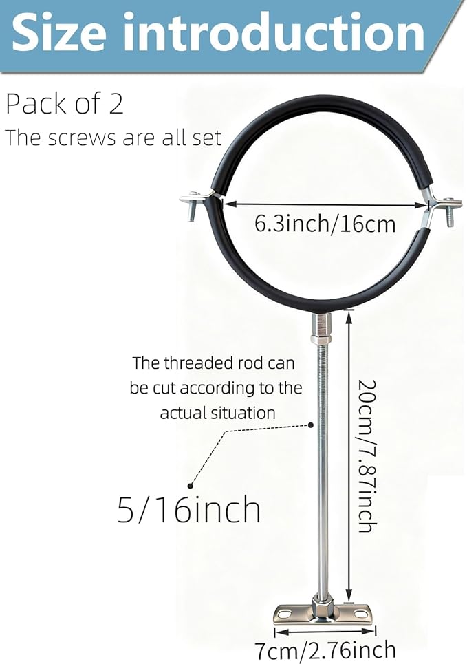 2 Sets Premium 6 Inch Adjustable Pipe Metal Bracket，Heavy Duty Galvanized Iron Stove Pipe Hanger Strap，Wall Support Chimney Round Split Ring Dryer Vent Hose Duct PVC Holder，with All Mounting Screws