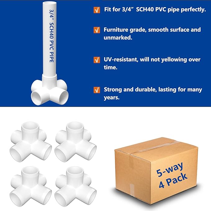 3/4" PVC Fittings 5 Way (4-Pack) Furniture Grade, Elbow Connector, Heavy Duty for DIY Furniture, Frames, UV Resistant - Compatible with 3/4" Schedule 40 PVC Pipes‌