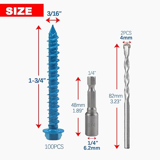100Pcs 3/16" x1-3/4 Concrete Screws with Drill Bit, Hex Head Concrete Cement Screws Anchor Assortment Kit for Masonry, Block Brick or Stucco