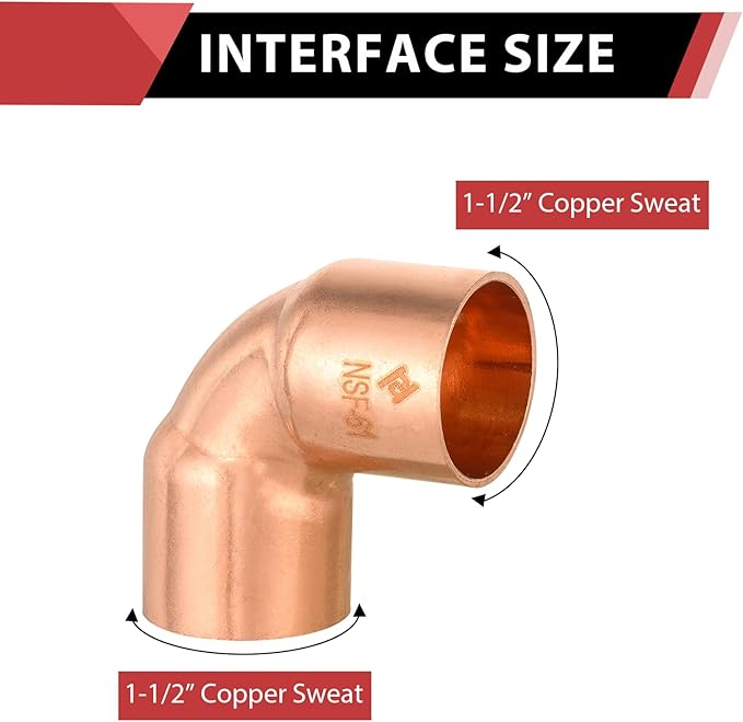 EFIELD 1-1/2" C X C Short Radius Copper 90 Degree Elbow, LF Copper Plumbing Fittings with Sweat Solder Connection,(COPPER077)