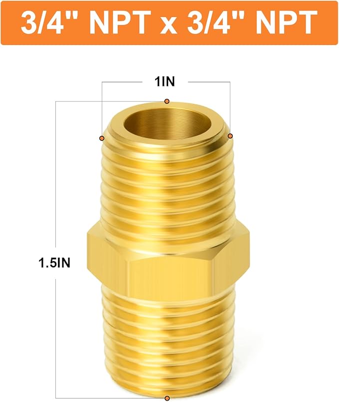 GASHER 10PCS Brass Hex Nipple, 3/4-Inch Male Pipe x 3/4-Inch Male Pipe Fitting