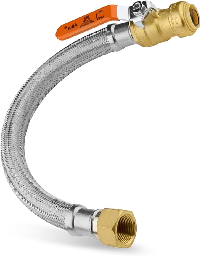 (1 Pack) Seelink 24-Inch Stainless Steel Flexible Heater Hose, 3/4 Inch Push-fit Ball Valve x 3/4 Inch FIP, Push-to-Connect for Copper, PEX, and CPVC