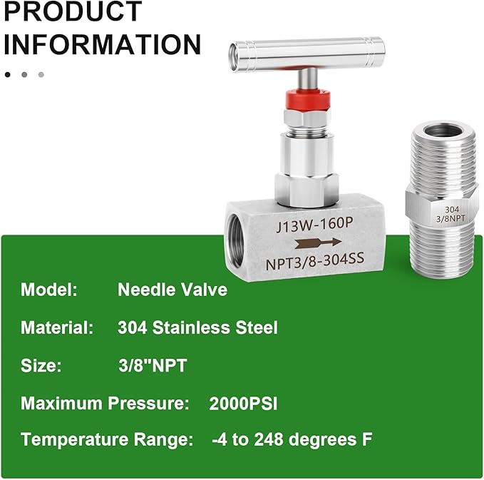 TAISHER 2PCS 304 Stainless Steel High Pressure Straight Needle Valve 3/8" Female NPT For Flow Control Water Gas Oil With Nipple