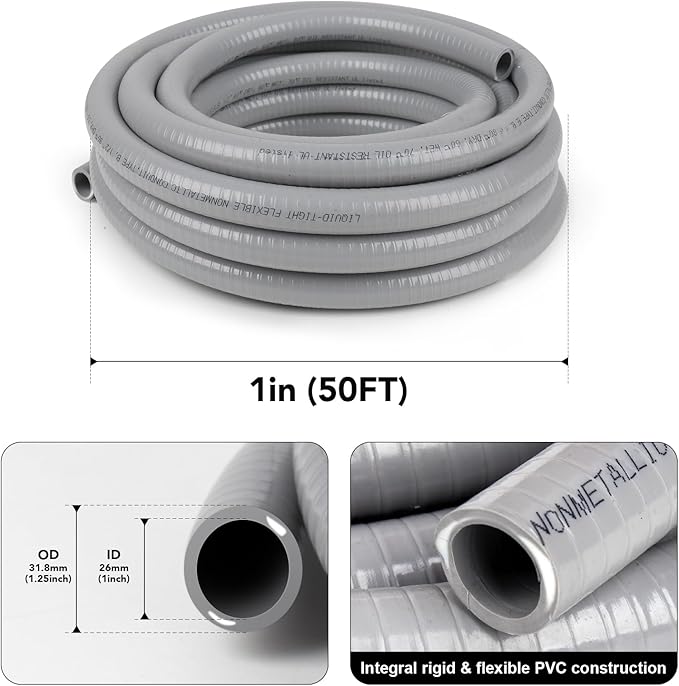 1 inch 50ft Liquid-Tight Conduit and Connector Kit,Flexible Non Metallic Liquid Tight Electrical Conduit Kit with 5 Straight and 3 90-Degree Connector Fittings,1in. Dia