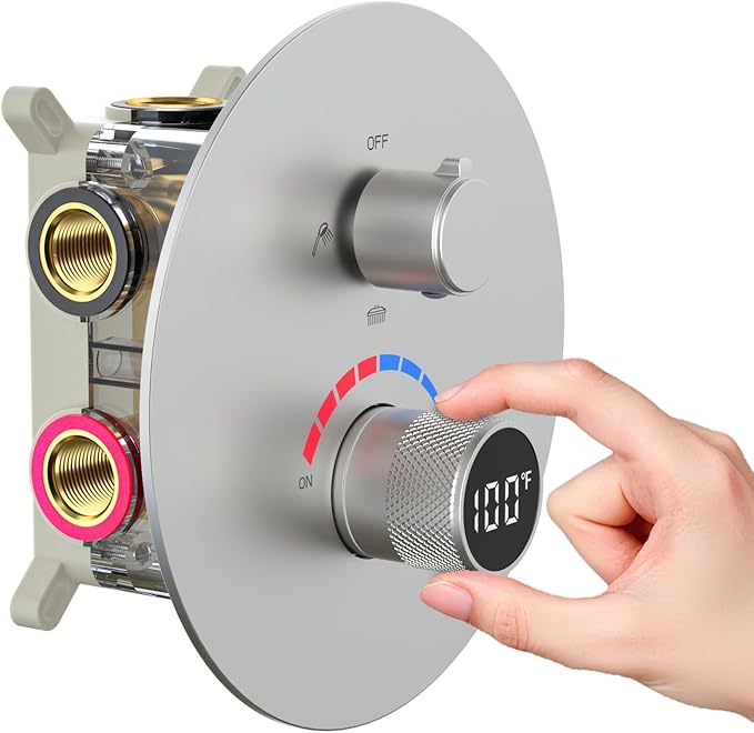 Temperature Display Shower Valve 3 Way Brass Rough-in Mixer and Round Trim Kit, Triple Function Digital Shower Diverter, Brushed Nickel