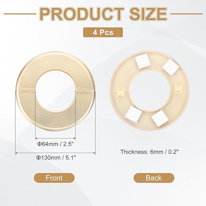 PATIKIL Wall Split Flange 130mm / 5.1" OD, 4 Pcs Round Escutcheon Plate Cover PPR Plumbing Cover Plates with Self-Adhesive Tape for 64mm / 2.5" Dia Water Pipe Faucet, Gold