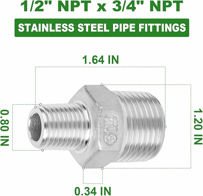 TAISHER 5PCS Cast 304 Stainless Steel Hex Nipple, Reducer Pipe Fitting 3/4-Inch Male Pipe x 1/2-Inch Male Pipe