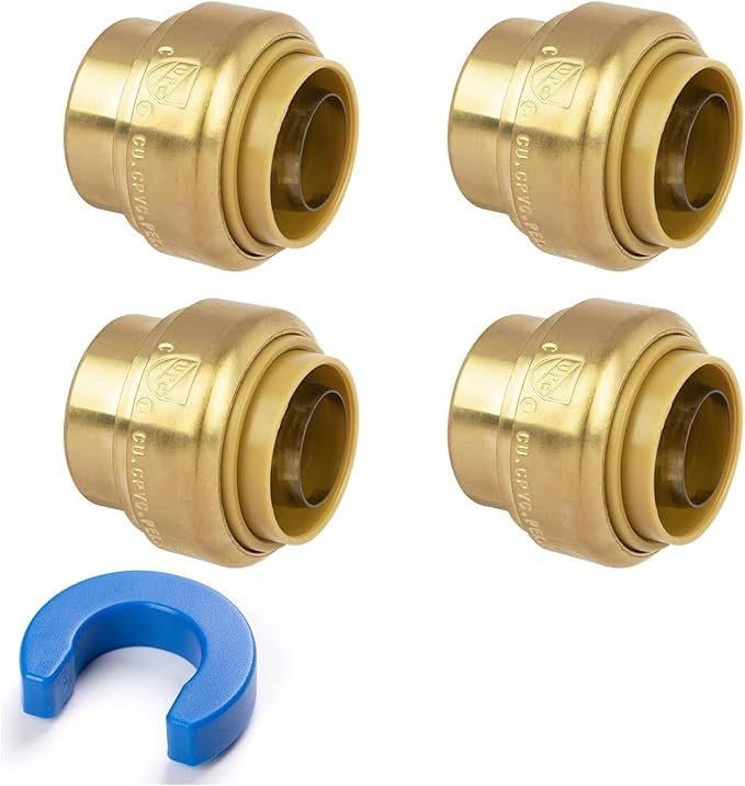 1/2" Push Fit End Cap, Push to Connect Brass Plumbing Fitting for PEX, Copper, CPVC Pipe, Heavy Duty Push Cap Fitting with Upgraded Stiffener and Disconnect Clip, NSF & UPC Certified, 4 Pack