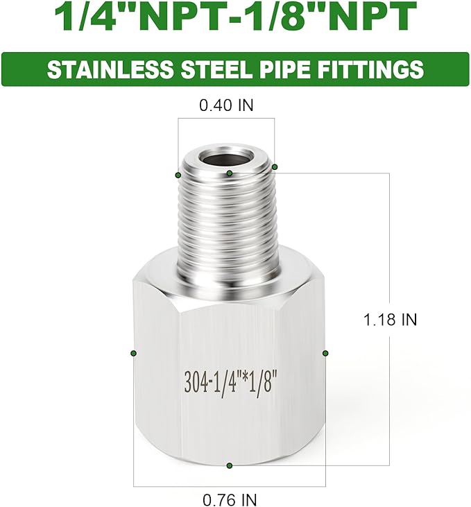 TAISHER 10PCS 304 Stainless Steel Pipe Fitting, Reducer Adapter, 1/8" NPT Male x 1/4" NPT Female