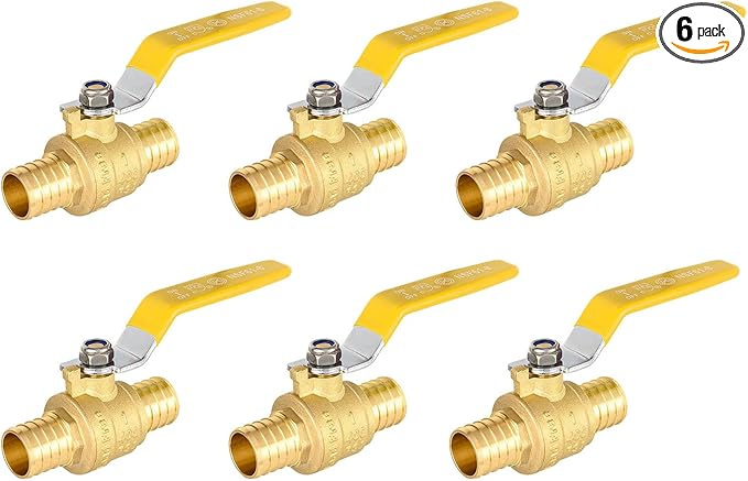 6 Pack Ball Valves, 1" Pex Crimp Shut Off Valve Yellow, Brass Full Port Pex B Shut Off Ball Valve for Hot and Cold Water, NSF/ANSI 61 Certified