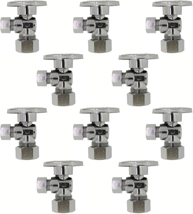 Angle Stop Valve 5/8" OD (1/2" Nominal) Compression x 3/8" OD Compression- Chrome Plated Brass ¼ Turn Angle Valve For Water Pipes, Toilets, Sinks- Lead-FreeWater Shut Off Valve, 10 Pack