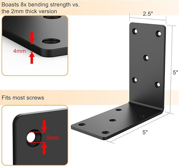 5 x 5x2.5 Heavy-Duty Shelf Brackets, L-Shaped Metal Support Bracket for Post Wood 90 Degree Corner Bracket for Floating Shelf, Countertop Support Brackets (Black)