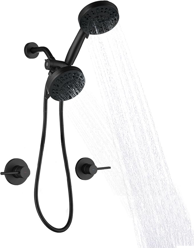 2 Handle Shower Faucet Wall Mounted Two Handles Shower Faucet Set with 8 Modes Rainfall Shower Head and 10 Modes Handheld 2 Knobs Shower Trim Kit with Rough-in Valve, Matte Black