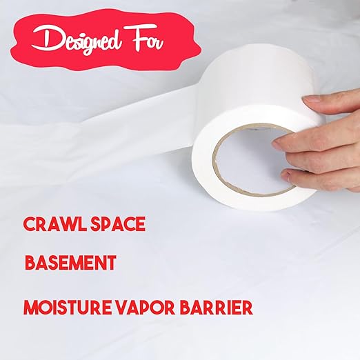 Vapor Barrier Tape, 4 Inch x 200 Feet Polyethylene Tape Sealing Moisture Barrier Seam, Seal Tape for Crawl Space, Underlayment, Marine Use, White Insulation Tape, Waterproof