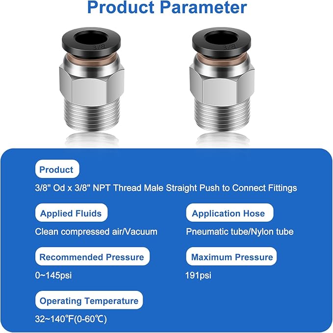 10 Pcs Push-to-Connect Fittings 3/8 Inch Tube OD x 3/8 Inch NPT Thread Pneumatic Male Straight Quick Connect Air line fittings