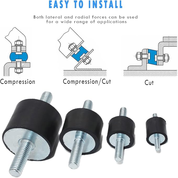 M10 Rubber Studs Shock Absorber Anti-Vibration Isolator Mounts, Rubber Cylindrical Vibration Isolation Mount, for Air Compressors Garage Motor Diesel Engines with Non-Slip Nuts, 4 Pack Double Stud