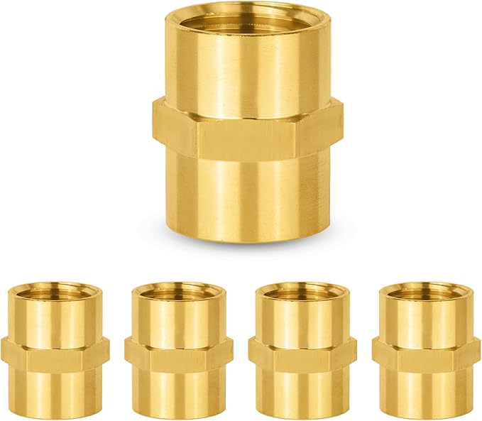 5-PCs HeSun Brass Pipe Fitting, 1/2" NPT Female x 1/2" NPT Female Hex Pipe Adapter