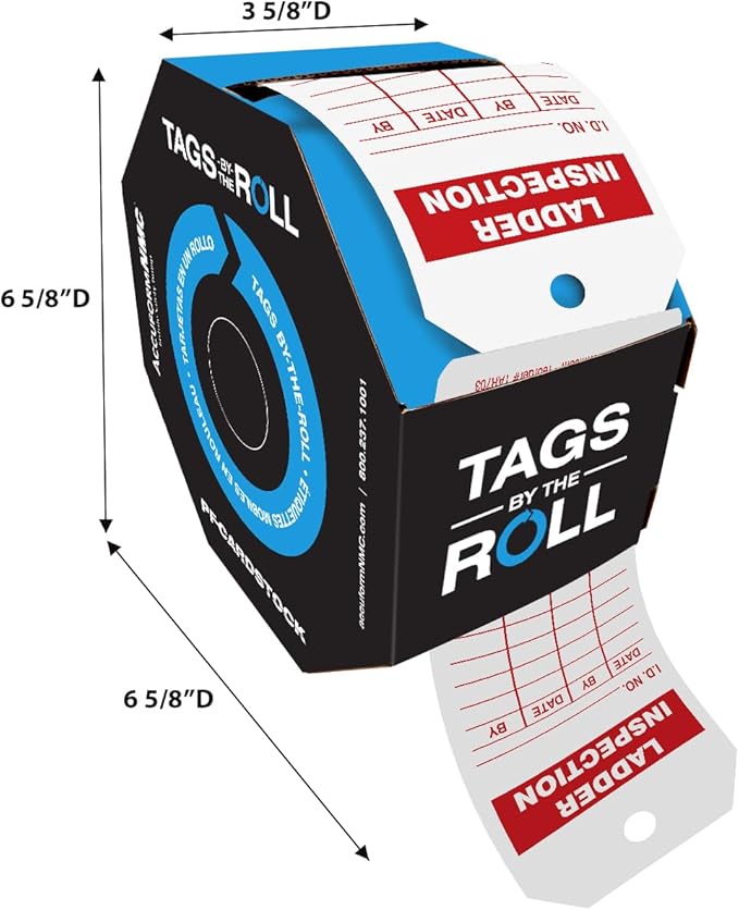 AccuformNMC 100 Tags by-The-Roll, Ladder Inspection Tags with Record, US Made OSHA Compliant, Waterproof PF-Cardstock, Resists Tears, 6.25"x3", TAR703