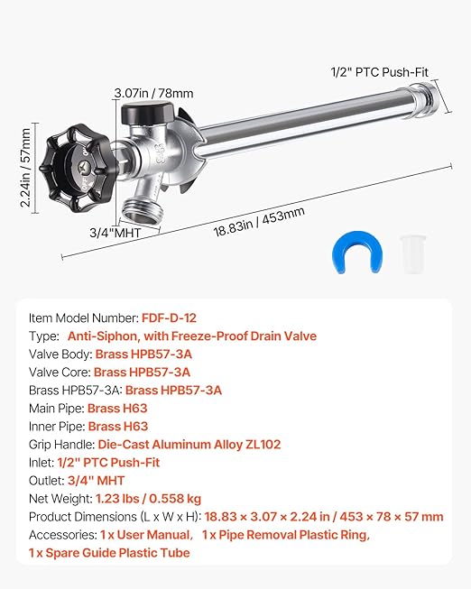VEVOR 12-Inch Frost-Free Sillcock, 1/2" PTC x 3/4" MHT Hose Bibb, Anti-Siphon Lead-Free Brass Valve, Push-to-Connect Brass Plumbing Fitting, Compatible with PEX, Copper, CPVC Pipes