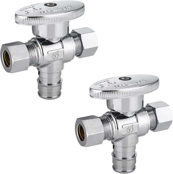 2-Pack Foskan Dual Outlet Angle Stop Valve,1/4 Turn Shut off Valve,1/2" PEX-A x 3/8" OD x 3/8" OD,Chrome Plated Brass