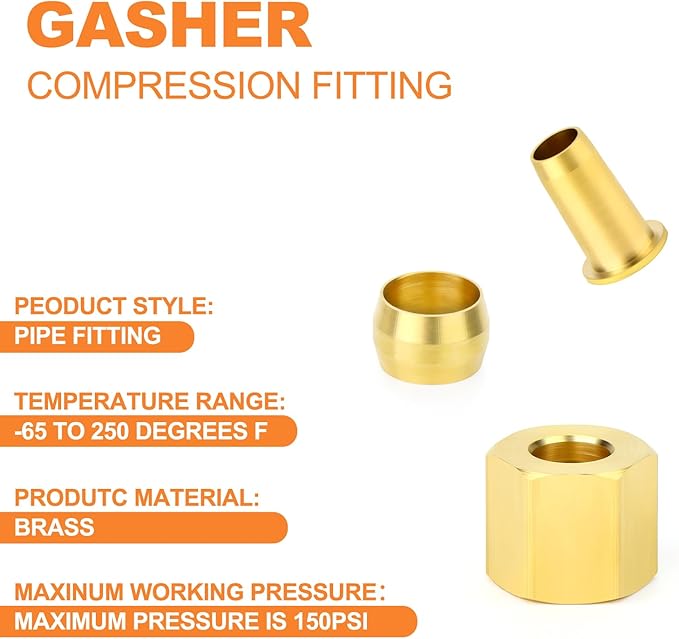 GASHER 60PCS Brass Compression Fitting Kit,Sleeve Ferrules&Insert Tube Support&Ferrule head,1/4" Tube OD