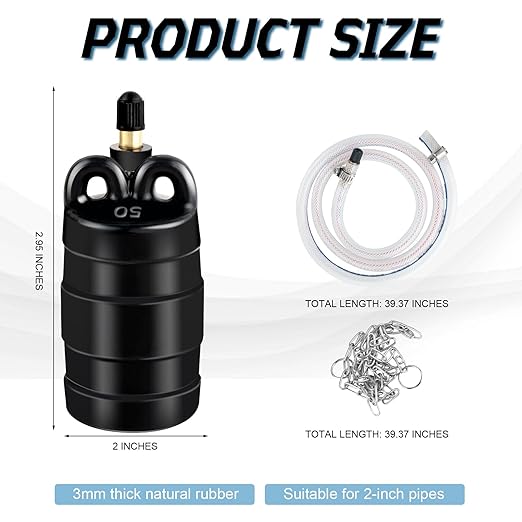 2 Inch Inflatable Pipe Plug Sewer Test Plug, Inflatable Balloon Rubber Plug for Water Pressure Testing, Water Flow Blocking, and Pipe Leak Inspection, with 39.37" Hose and Chain