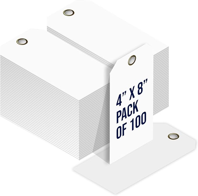 Tags 4 Less 15 Mil Waterproof Plastic Tags, Pack of 100 – 4” x 8” Heavy Duty Plastic Tags for Labeling, Outdoor Tagging, Equipment Labeling, Luggage, Valves & More (White)