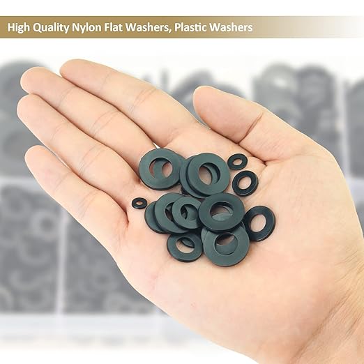 620 Pieces Nylon Flat Washers, Kindroufly 8 Sizes Plastic Washers, Black Nylon Washers Assortment Kit (M2 M2.5 M3 M4 M5 M6 M8 M10)