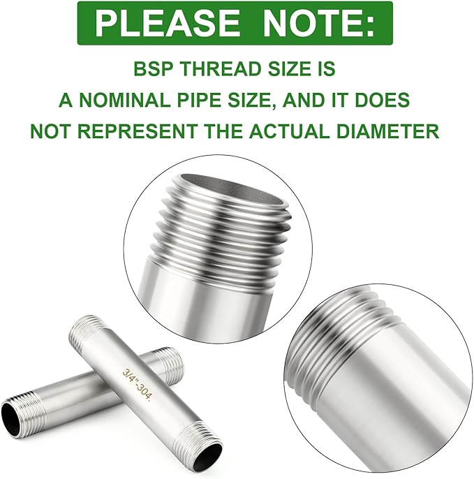 TAISHER 2PCS Stainless Steel Pipe Fittings, 3/4" BSP Male x 3/4" BSP Male Threaded, 6" Length Nipple Cast Pipe